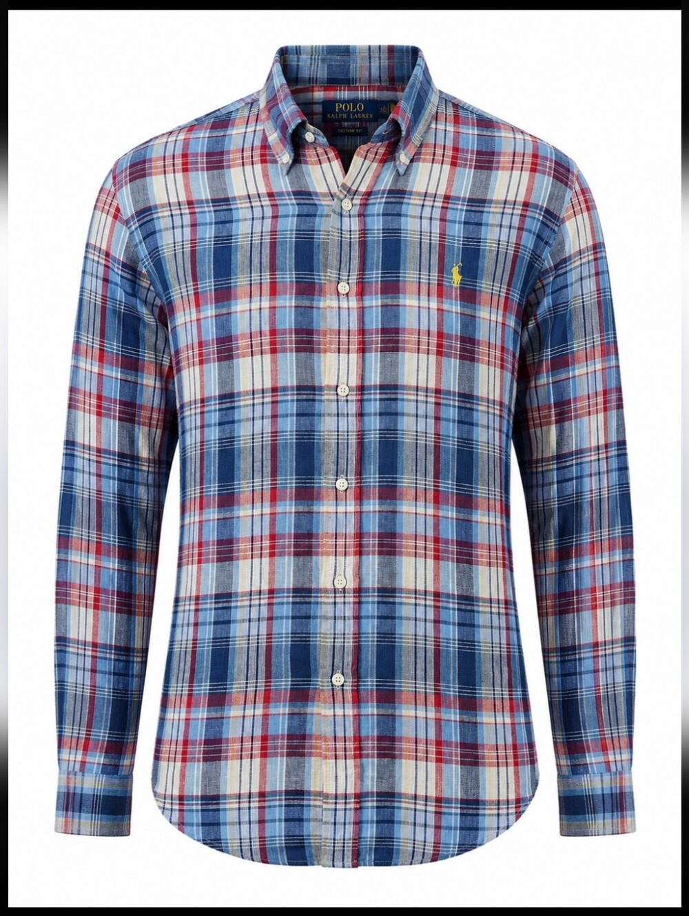 Polo Ralph Lauren Custom Fit 100% Linen Plaid Button Down Shirt Blue Red Men's L